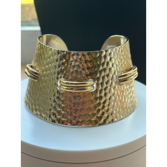 Hammered Gold Plated Ornate Design Cuff Vintage Thick Concave Bracelet Runway 80 - Picture 13 of 14